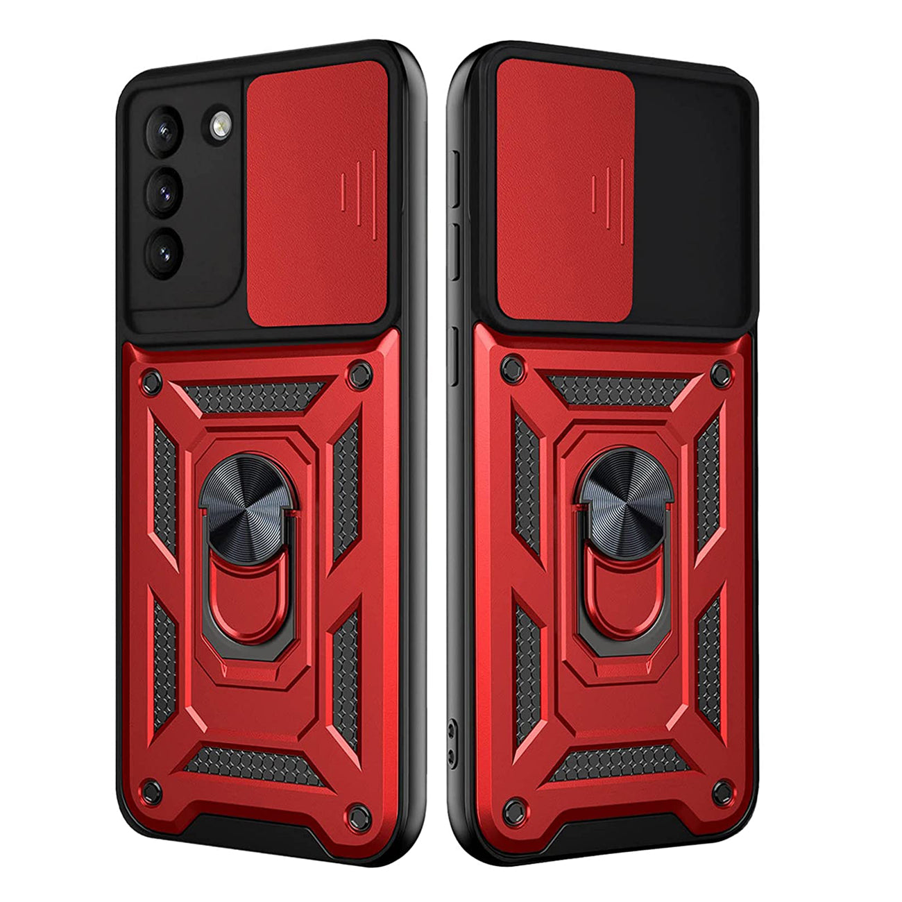 Kickstand Ring Holder with Slide Camera Cover TPU Shockproof Case and Magnetic Car Mount for SAMSUNG GALAXY S21/S30 In Red